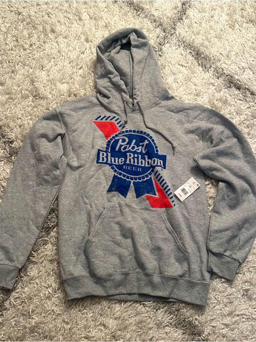 NWT Pabst Blue Ribbon Beer Logo Hoodie Grey Sweatshirt Size Medium (38/40)
